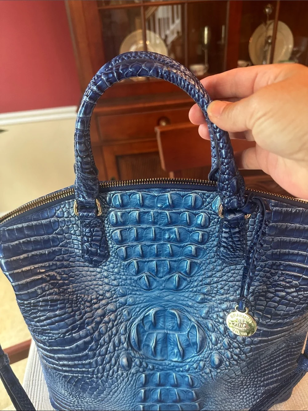 Brahmin large Duxbury blue with silver sheen mixed in  bag&wallet set